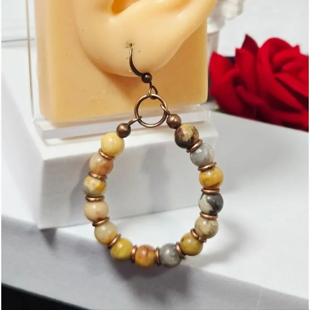 Natural Stone Beaded Hoop Earrings | Earth Tone Boho Dangles Natural Festival
